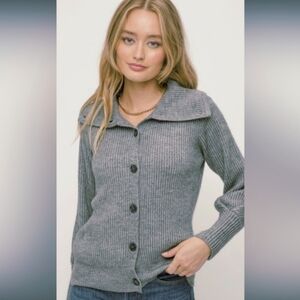 Mystree Sweater Ribbed Button Down Balloon Sleeve Wide Collar Gray Womens S